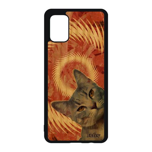 Coque Rigide Pour Samsung Galaxy A51 Bois Silicone Chat Lolcat Chaton Design Minou Mandala Orange Noir Felin Animaux Animal Antichoc
