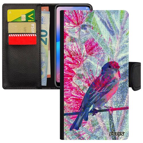 Coque Pour Iphone 14 Simili Cuir Oiseau Moineau Bleu Nature Animal Animaux Mobile Petit Design Noir Dessin Antichoc Fleurs De