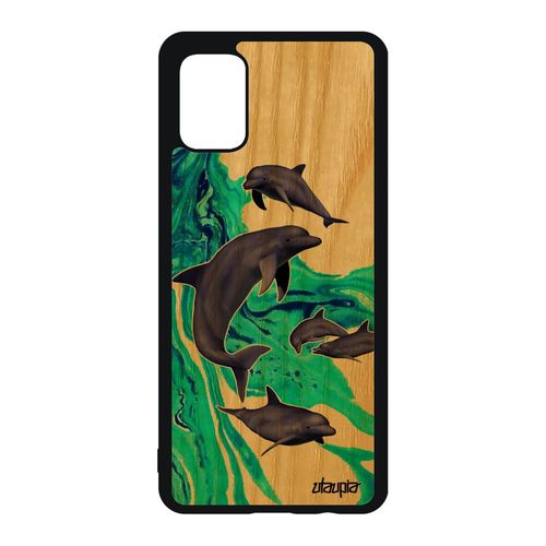 Coque Silicone Dauphin Samsung Galaxy A51 Bois Housse Ocean Marin Peinture Marsouin Mobile Mer Vert Texture Design Portable Animal