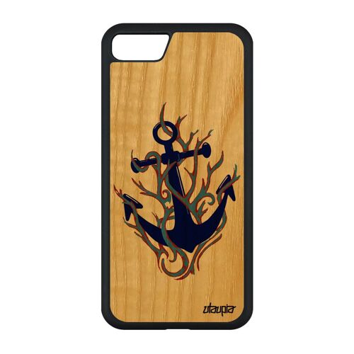 Coque Iphone Se 2020 Bois Veritable Silicone Ancre Noir De Bateau Mobile Bleu Colore Ocean Couleur Old School Homme Original