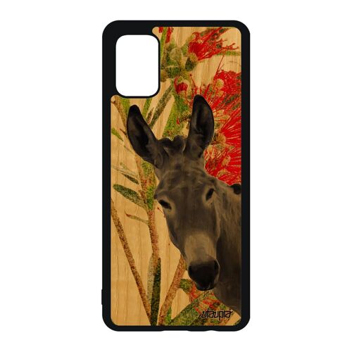 Coque en bois naturel Samsung A51 et silicone ane fleurs 4G tetu vert de protection mule animal antichoc bourrique peinture galaxy