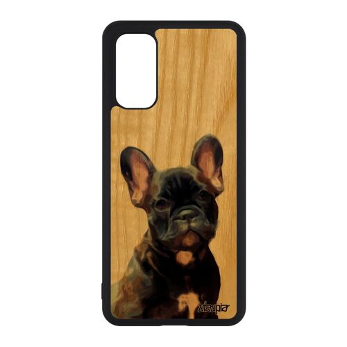 Coque bois Samsung S20 silicone chien animal housse mignon marron antichoc personnalisé bulldog francais nature chiot animaux galaxy