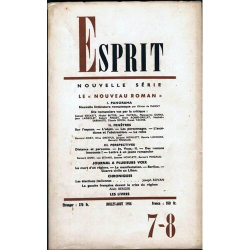 Revue Esprit Juillet-Aout 1958  N° 7 : Le Nouveau Roman