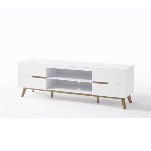 Meuble Tv Cachan Blanc Laque Mat 4 Tiroirs 2 Niches Piétement Chêne