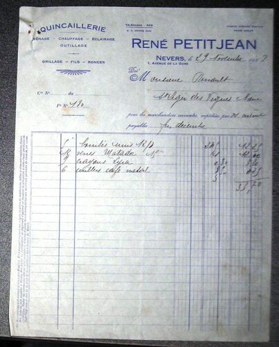Facture Et Mandat À L'ordre De 1927 Quincaillerie Ménage Chauffage Éclairage René Petitjean 1,Avenue De La Gare Nevers