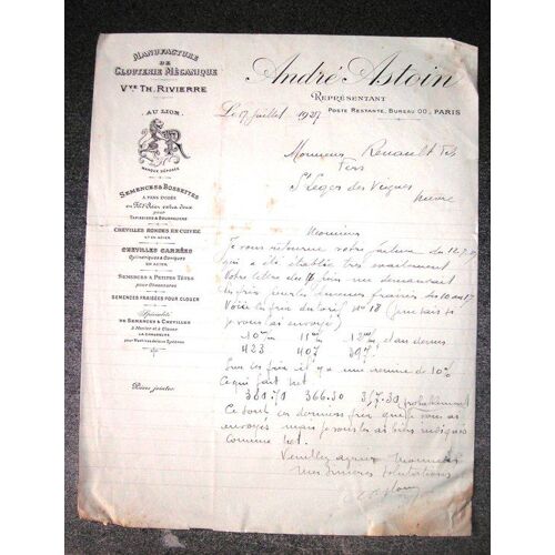 Lettre Du 17 Juillet 1927 Manufacture De Clouterie Mécanique Vve Rivièrre André Astoin Représantant Poste Restante Paris