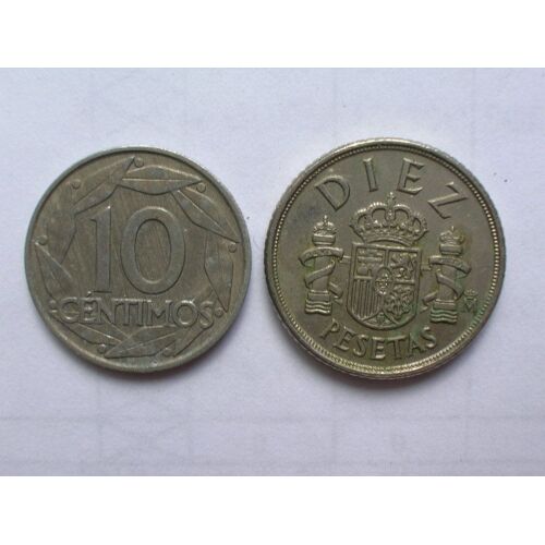 Lot De 2 Pièces De 10 Centimos Et 10 Pesetas. Espagne.