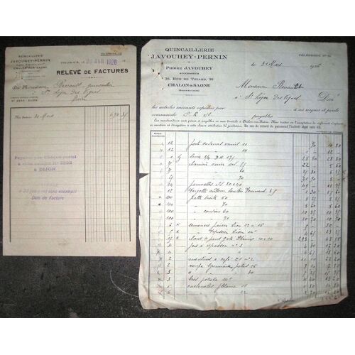 Relevé De Factures De 1926 Quincaillerie Javouhey Pernin Chalons Sur Saone(Saone Et Loire)