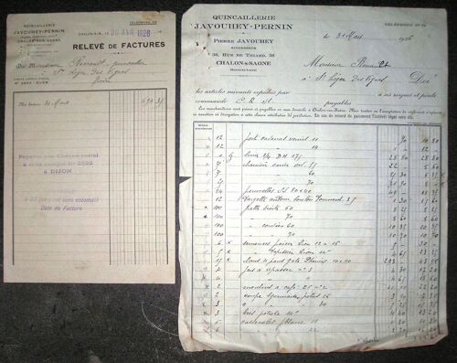 Relevé De Factures De 1926 Quincaillerie Javouhey Pernin Chalons Sur Saone(Saone Et Loire)