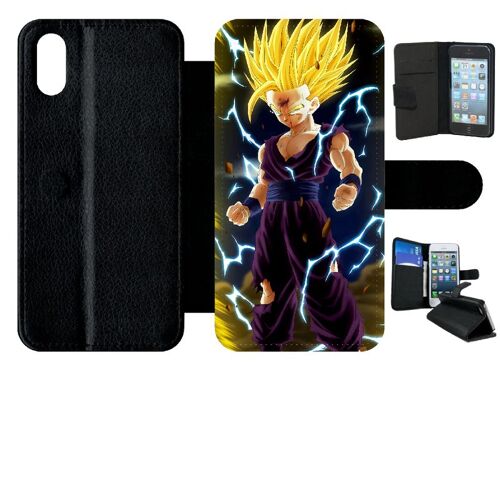 Etui À Rabat Iphone X - Dbz Dragon Ball Z San Gohan Super Sayen 2 - Simili-Cuir - Noir