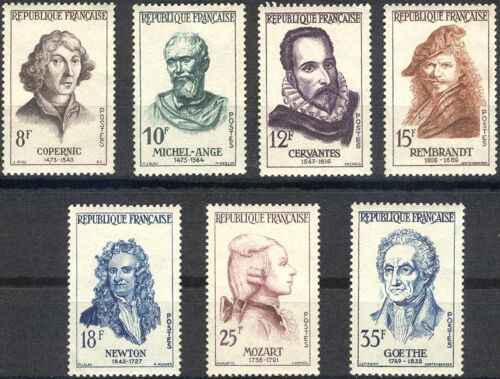 Célébrités Étrangères 1957 : Coperni/Michel-Ange/Cervantes/Rembrandt/Newton/Mozart/Goethe (Ref Y&t : 1132-1138) Non Oblitérés.