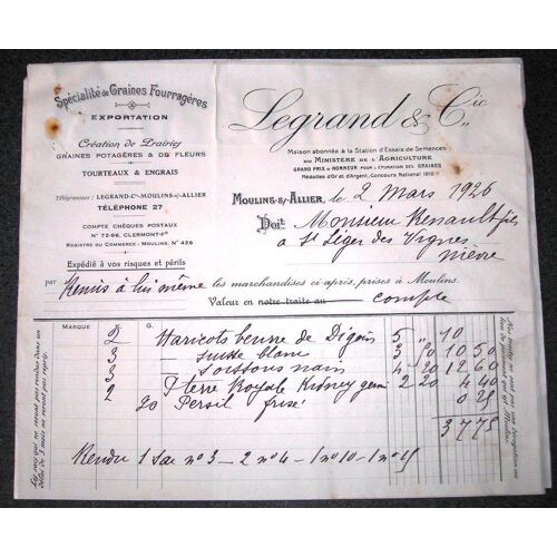 Facture De 1926.Legrand & Cie Spécialité De Graines Fourragères Exportation Création De Prairies Moulins Allier