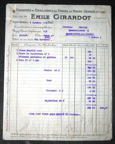 Facture De 1926.Fonderies Et Émailleries Des Fotges Du Magny-Vernois (Hte Saône) Emile Girardot