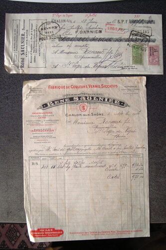 Facture Et Mandat À L'ordre De 1926 Fabrique De Couleurs Vernis Siccatifs René Saulnier Chalons Sur Saône
