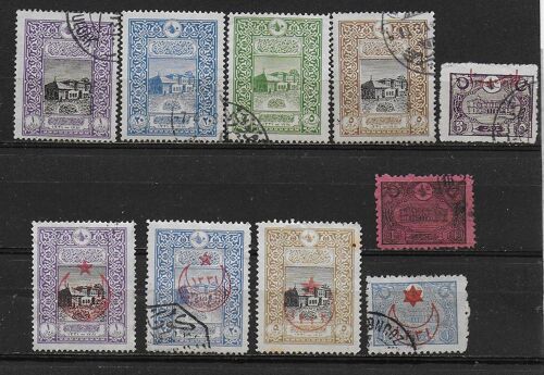 Turquie Empire Ottoman 1916 : Cinquantenaire Du Premier Hôtel Des Postes D'istambul - Série De 10 Timbres Oblitérés Dont 5 Timbres Surchargés