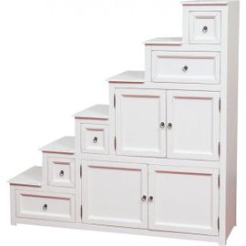 Commode Escalier Avec Tiroirs Rustique Style En Bois Massif De Tilleul Finition Blanche Antique - D Made In Italy