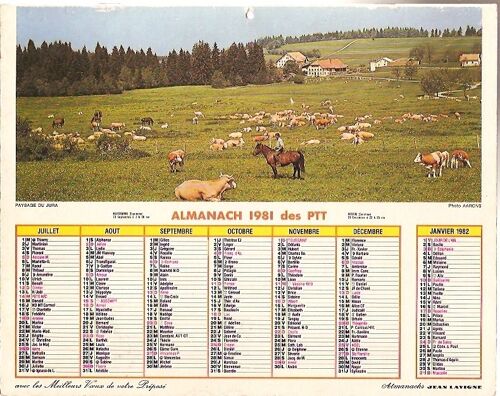Almanach Des Ptt 1981 Lavigne Paysage Du Jura. Les Foins En Auvergne, Charrue, Boeufs