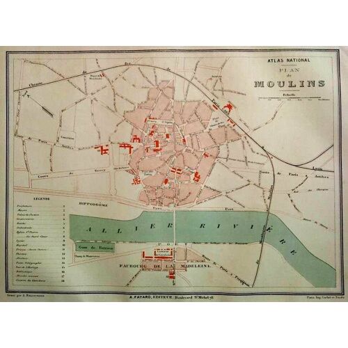 Ancien Plan Gravé En Couleur Ville De Moulins Allier 1877