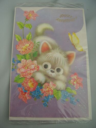 Carte   "Joyeux Anniversaie" Chaton Fleurs