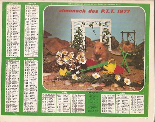 Almanach Des Ptt Oller 1977  Barbe A Papa, Hamster Jeux Jouets Jardinet