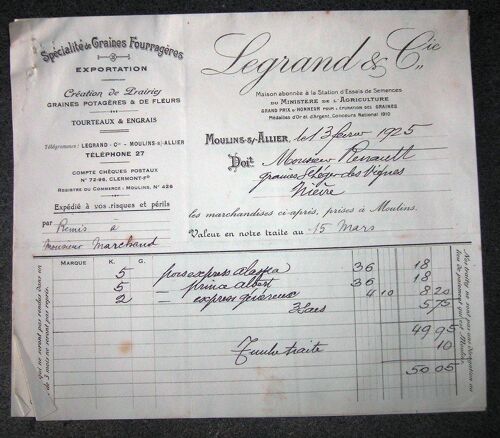 Facture De 1925 Spécialité De Graines Fourragères Exportation Création De Prairie Legrand & Cie Moulins (Allier)