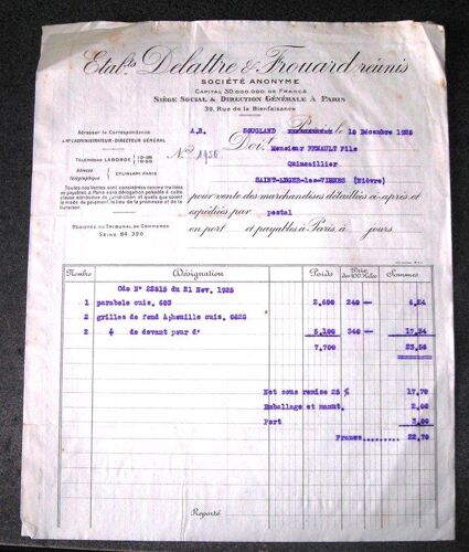 Facture De 1925 Etabts Delattre & Frouard Réunis Paris