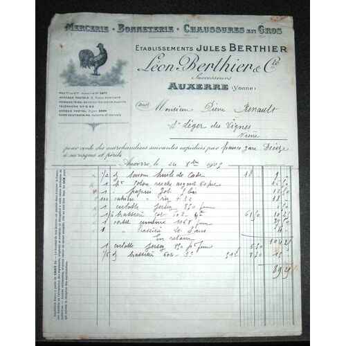 Facture De 1925 Mercerie Bonneterie Chaussures En Gros Établissements Léon Berthier Auxerre Yonne
