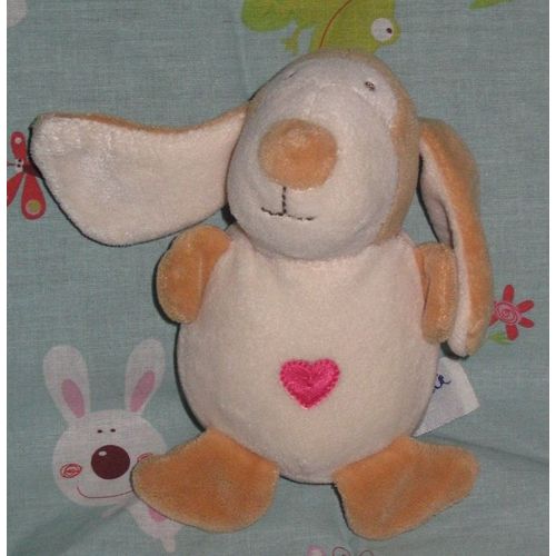 Doudou Chien Assit Beige Marron Coeur Brodé Rose Fushia Hochet Grelot Ajena