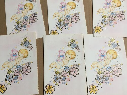 14 Cartes : Bébé & Nounours, Pour Célébrer Une Naissance (Le Bord Gauche De Chaque Carte A Été Découpé, Cartes Double À L'origine)