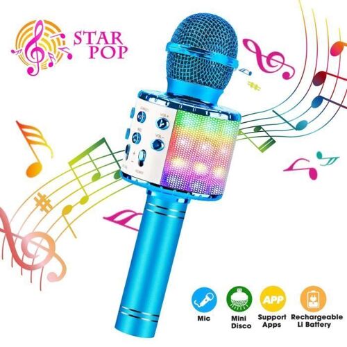 Microphone Karaoke Sans Fil, Karaoké Microphone Bluetooth Portable pour Enfants/Adultes Chanter (Bleu)