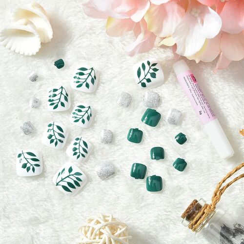 Faux Ongles Pour Orteils, Couleur Rouge Et Vert, Couverture Complète, Patch Acrylique Avec Colle, Autocollant, 24 Pièces, Nouvelles Fleurs Vertes Simples, 3d 