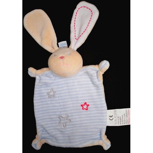 Doudou Peluche Lapin Absorba Bebe Crème Rayé Blanc Bleu Étoiles
