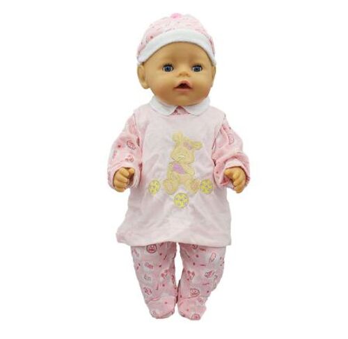 Ensemble Combinaison Pyjama Robe Babygros Poupée Rose + Bonnet Assorti Bébé Enfant Fille 43 Cm été Costume Jouet Nouveau-Né Vêtement Habit Manches Longues Ours Ballon Polaire Baby Top Qualité -