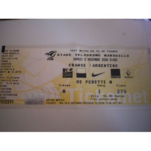 Rugby  France - Argentine  8/11/2008  Ticket Non Utilisé