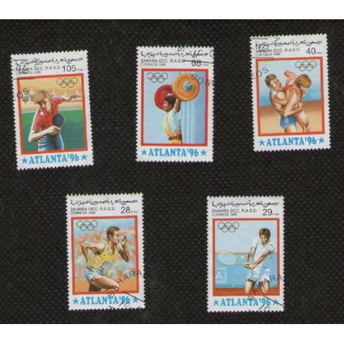 5 Timbres Sahara Occ. Jeux Olympiques Atlanta 96 - Ping-Pong , Haltérophilie , Tennis , Course À Pieds , Lutte