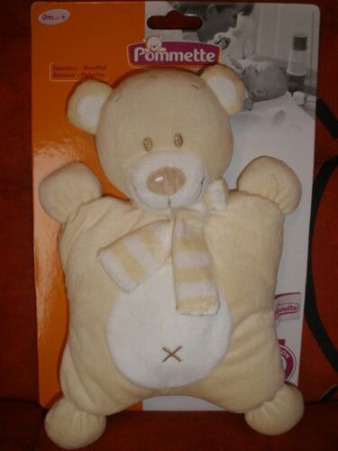 Doudou Ours Beige Écharpe Rayée Jaune Semi Plat Pommette
