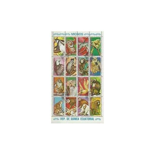 Bloc Feuillet 16 Timbres Oblitérés Singes Monos - République De La Guinée Équatoriale - 1968