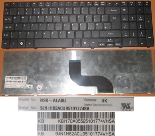 Clavier Qwerty UK Pour Acer Aspire AS5810T 5810 5810T 5410T 5536 5536G 5738 Series, Noir / Black, Model: NSK-ALA0U, P/N: 9J.N1H82.A0U, KBI170A0559