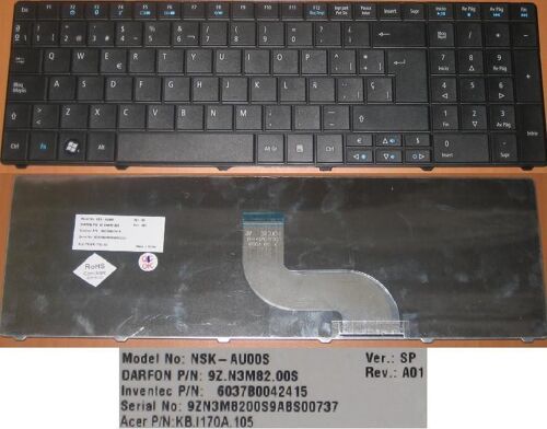 Clavier Qwerty Espagnol / Spanish Pour Acer Travelmate TM8571 8571 8571G 8571T Series, Noir / Black, Model: NSK-AU00S, P/N: 9Z.N3M82.00S, KB.I170A.105