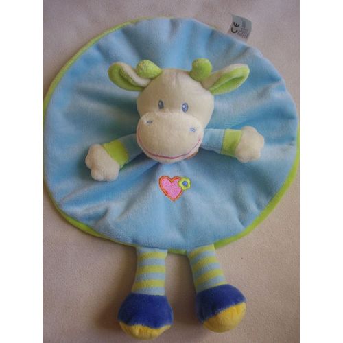 Vache Doudou Jouéclub Joué Club Sidj Vétir Doudou Rond Plat Dessus Bleu Coeur Fleur Brodé Dessous Vert Pattes Bleu Jaune