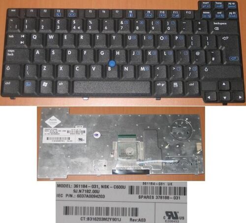 Clavier Qwerty UK pour HP Compaq NC6200 NC6210 NC6220 NC6230, NX6200 NX6210 NX6220 NX6230 Series, Noir / Black, Model: NSK-C600U, P/N: 9J.N7182.00U, 361184-031, 378188-031