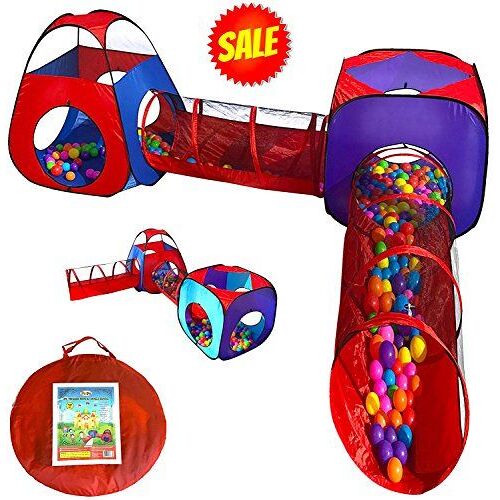 Playz 4pc Pop Up Children Play Tent W/ 2 Crawl Tunnel & 2 Tents - Kids Tents For Boys Girls Babies & Toddlers For Indoor & Outdoor - Large Children Playhouse Ball Pit W/ Storage Case