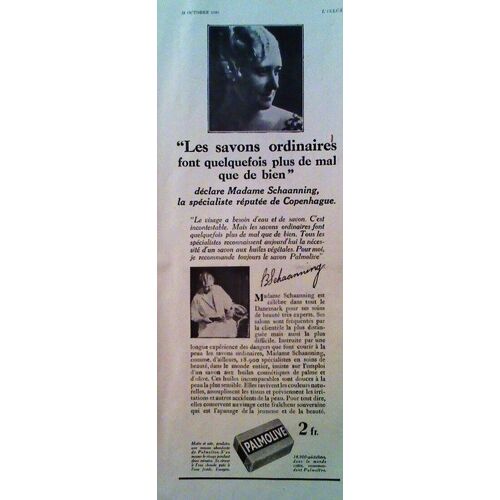 Publicite Ancienne (Octobre 1930) Pour Le Savon " Palmolive " Avec Un Interview, Deux Photos Et La Signature De La Specialiste De Beaute A Copenhague : Madame Schaanning