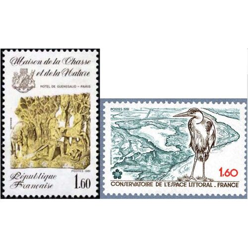 France 1981, Très Beaux Timbres Neufs** Luxe Yvert 2146 Conservatoire De L'espace Littoral, Le Héron, Et 2171 Maison De La Chasse Et De La Nature, Saint Hubert Devant Le Cerf - Sculpture.