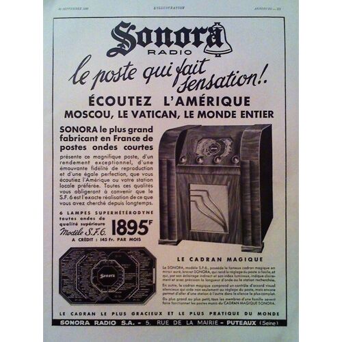 Publicite Ancienne (Septembre 1936) Pour Les Recepteurs Radio " Sonora " Et Les Grandes Ondes (Moscou, Le Vatican, L'amerique,..)