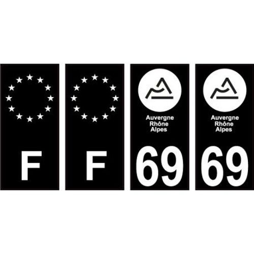4 X 69 Rhône Fond Noir - Autocollant Plaque Immatriculation Blason Département Logo Ville Sticker Auto - F Europe Noir - Couleur : Droits - Angles : Droits