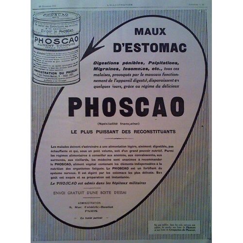 Publicite Ancienne (Decembre 1915) Pour La Boisson Chocolatee " Phoscao " Le Plus Puissant Des Reconstituants Pour Nos Soldats