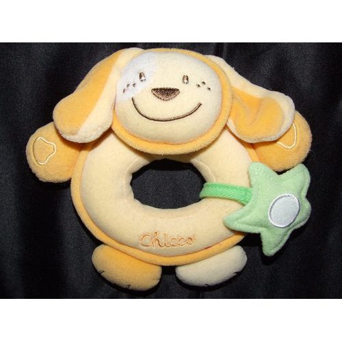 Chien Chicco Hochet Grelot Jaune Orange Vert  Étoile Doudou Peluche 17 Cms
