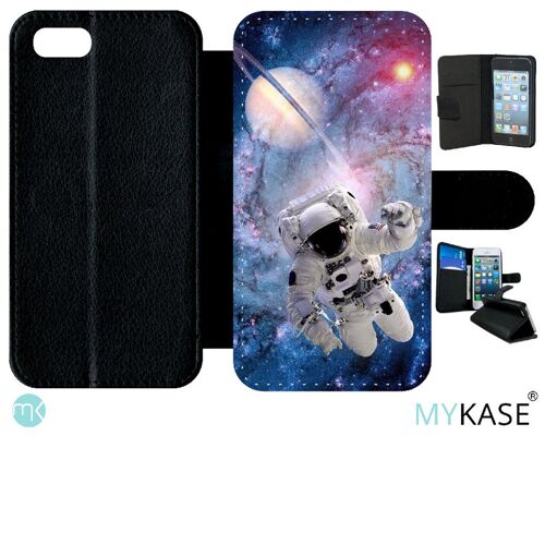 Etui A Rabat - Astronaute Planete 2 - Compatible Avec Apple Iphone Se 2020 - Simili-Cuir - Bord Noir