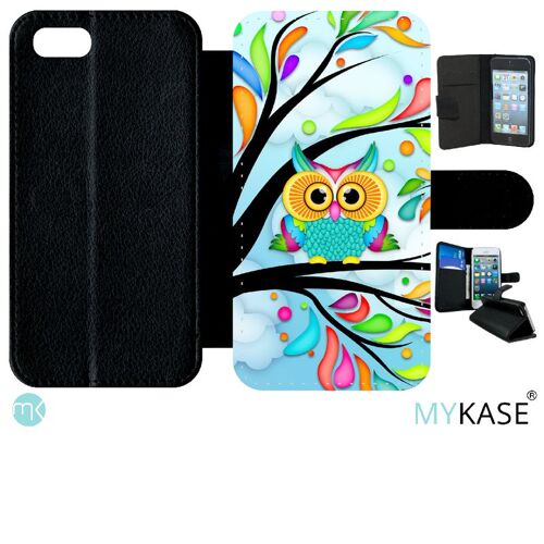 Etui A Rabat - Hiboux Arbre Colors - Compatible Avec Apple Iphone Se 2020 - Simili-Cuir - Bord Noir